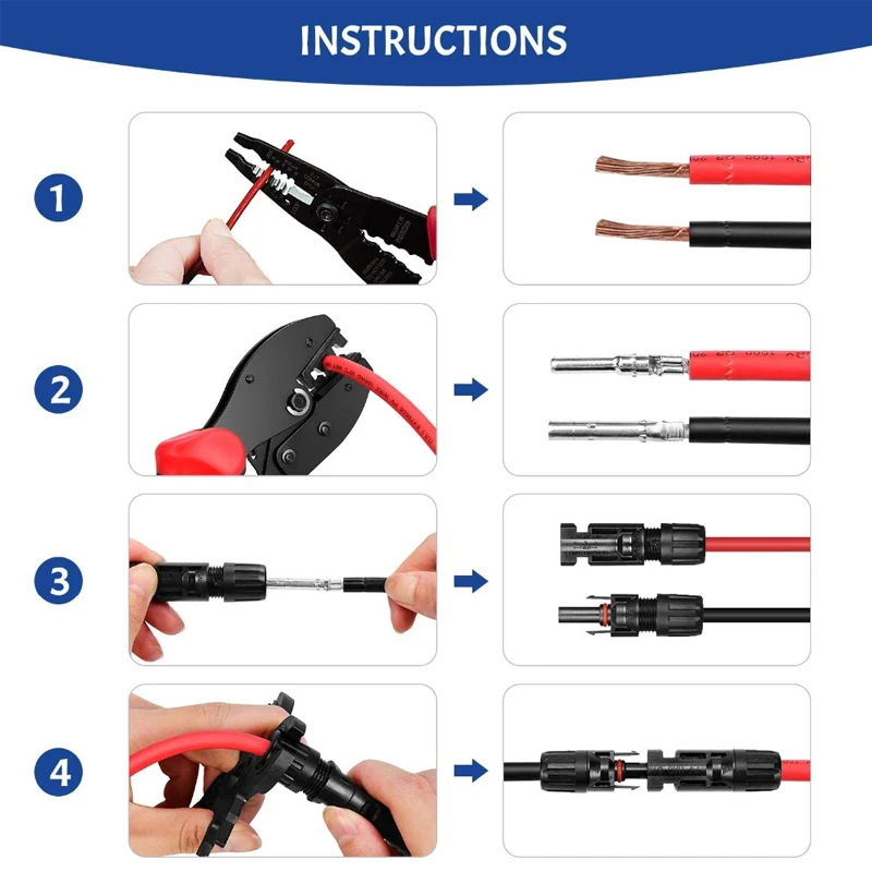 Kit d\'outils de pince à sertir solaire pour connecteurs de câble MC4, panneau long, 6 connecteurs mâles et femelles, ensembles de bornes