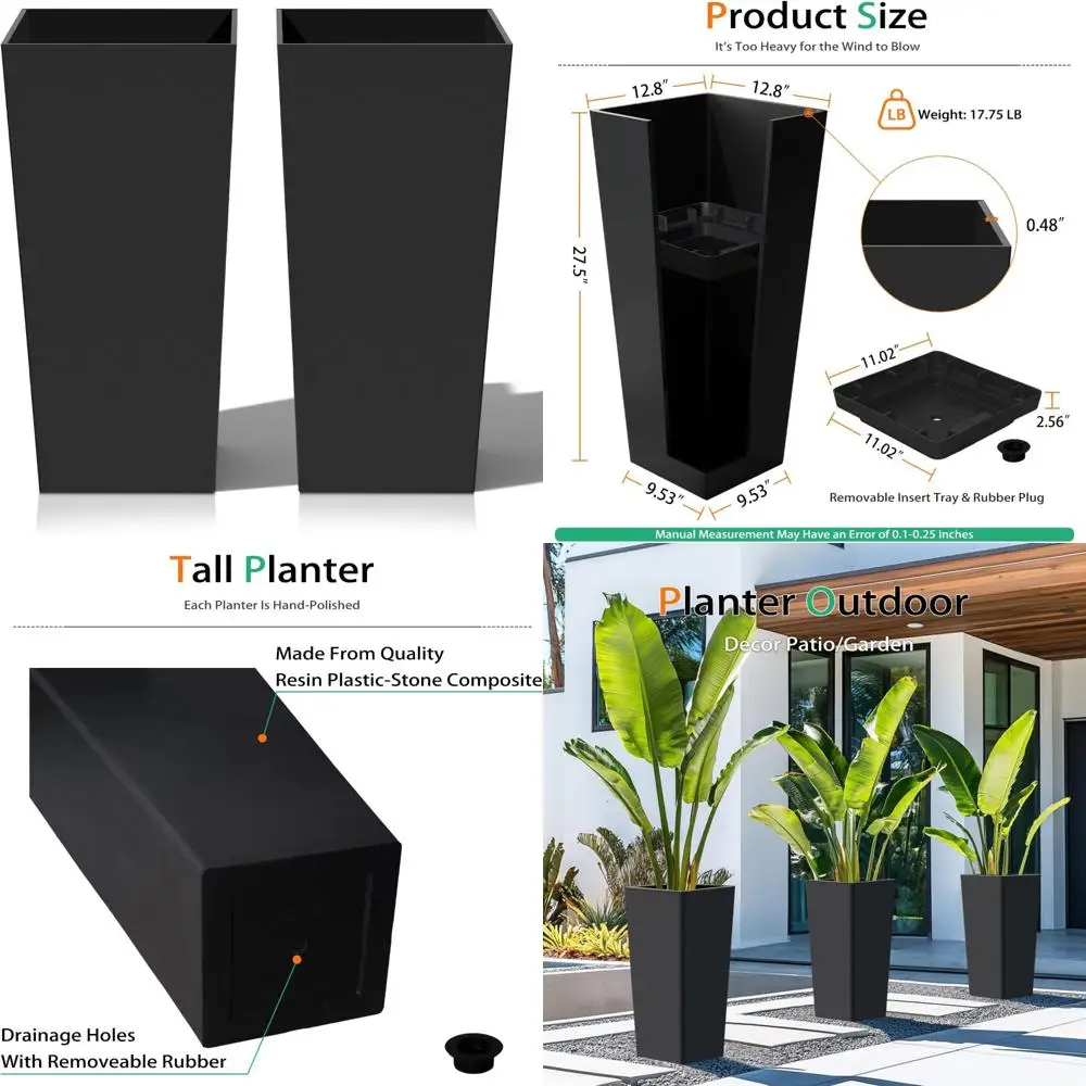 

Large Outdoor Tall Planters Set of 2, Black Resin Flower Pots for Gardens, Porches, Patios, Indoor Use