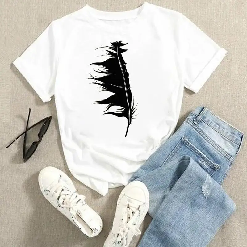 

Graphic Tees Ladies Women Cartoon Summer Short Sleeve T-Shirt Fashion Tshirts Feather Lovely Trend Tops Female Clothes