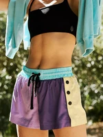 Pantalones cortos con contraste de Color para mujer, Shorts informales elásticos de cintura alta con botones laterales, pierna ancha, para salir, Fitness, hacer ejercicio