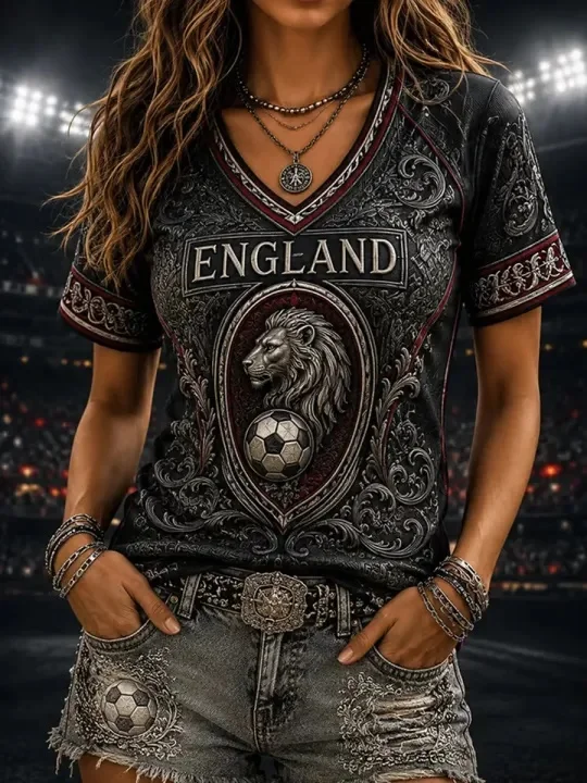 Unisex England Soccer Tee White Navy Trim Red Shoulder Line Lion Crest Cross Badge Front Lettering 2026 Crest Fan Football Shirt
