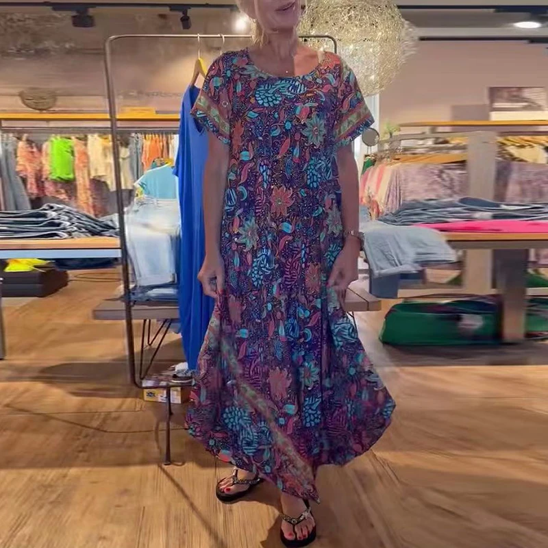 

Women Summer Crew Neck Office Dress New Bohemian Loose Printed Pullover Dress Lady Elegant Short Sleeve Retro Maxi Dress 2024