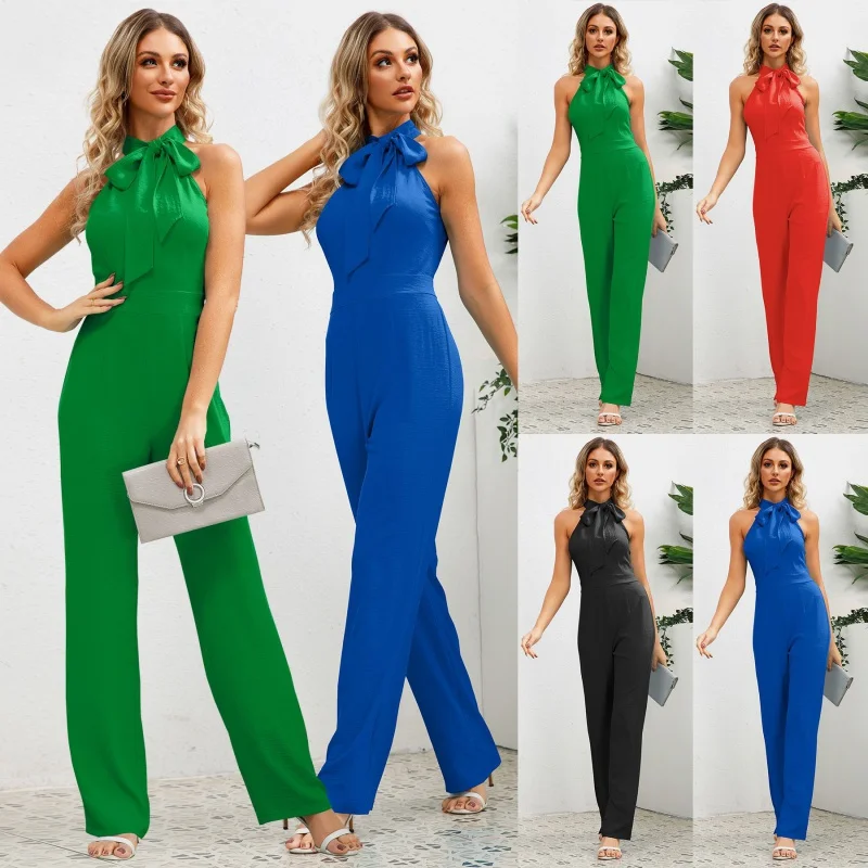 2024Summer Hot Sexy Slim Temperament Jumpsuit Sleeveless Stand-up Collar Bowknot Straight Long Pants