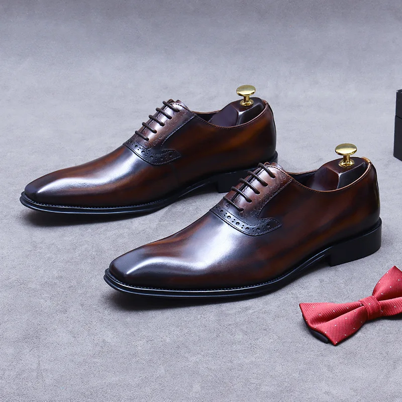 

Genuine Cow Leather Wedding Business Men Casual Flats Vintage Handmade Oxford Shoes For Men Black brown Lace up square toe shoes