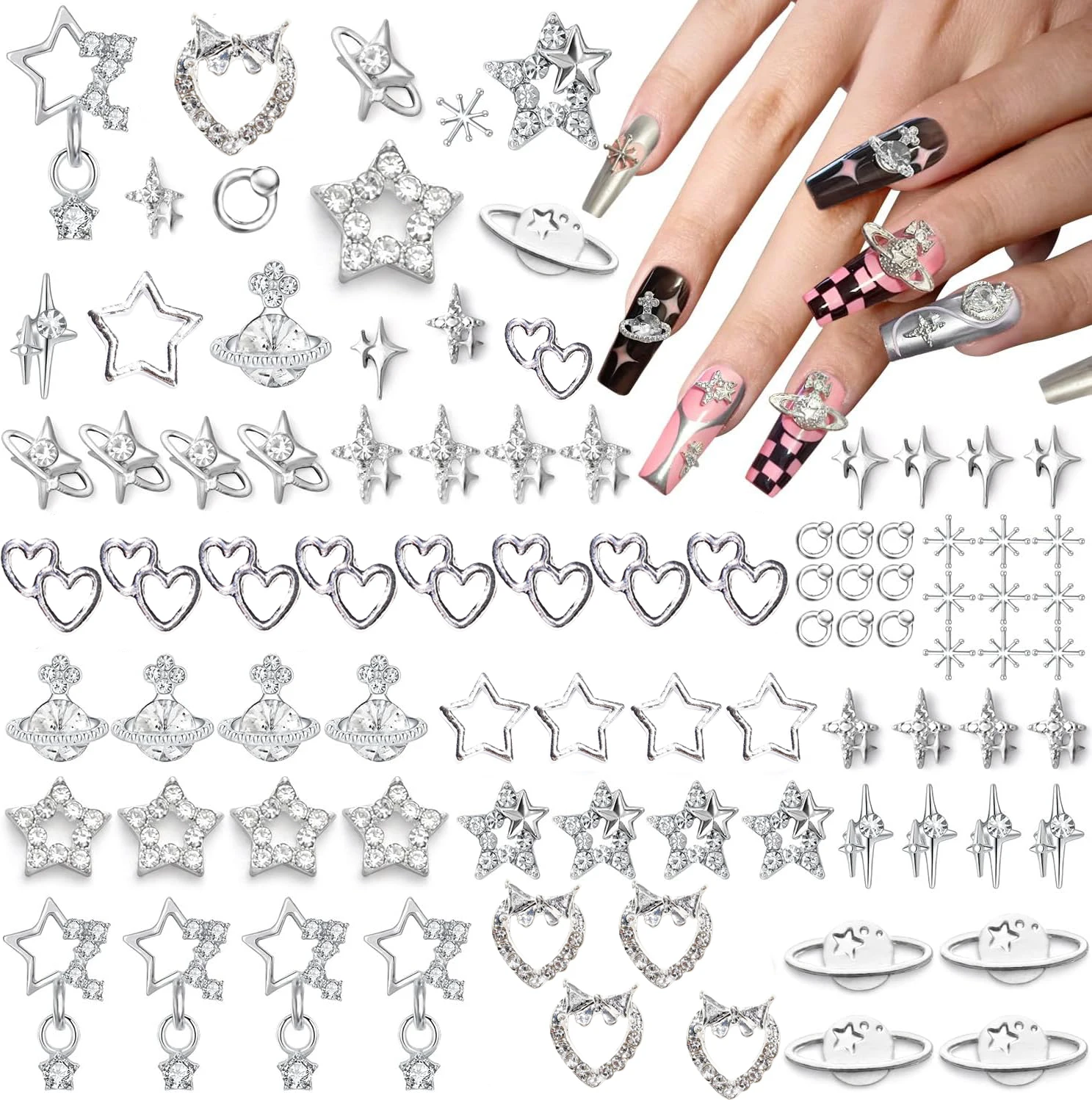 90Pcs Major Dijit Star Nail Charms for Acrylic Nails Silver Nail Gems Alloy Nails Assorted for Nail Art Manicure DIY Accessories