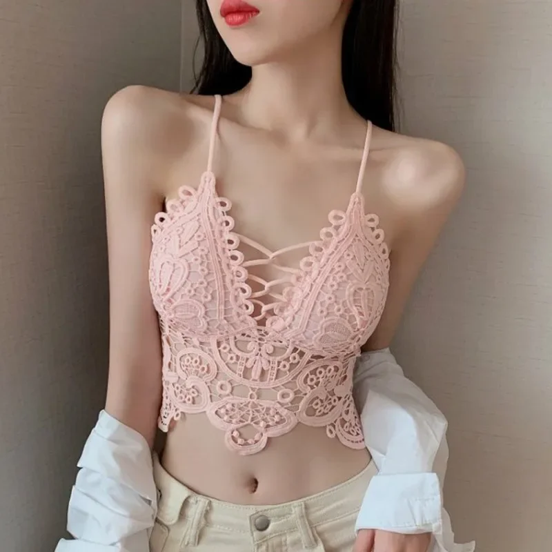 Summer New Women Sexy Vintage Hooked Flower Hollow Outer Wear Bra Short Camisole Top Lace Soft Crochet Spaghetti Strap Vest