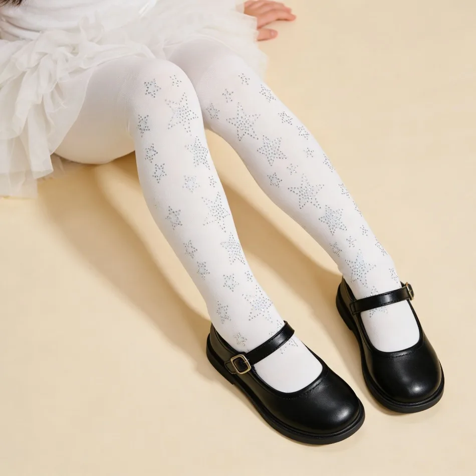 Girls White Soft velour Star Tights Kids Sparkly Diamond Pantyhose Stretchy Dance Leggings For Party Performance Daily Wear XH42