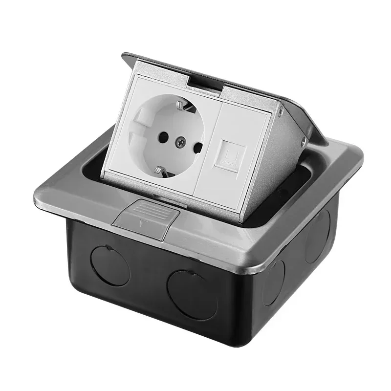 100mm*100mm Pop Up Floor Socket EU/US/FR/UK/UN Plug Adapter Aluminum Alloy Outlet Box 110V-250V 16A Power RJ45 Hidden Socket