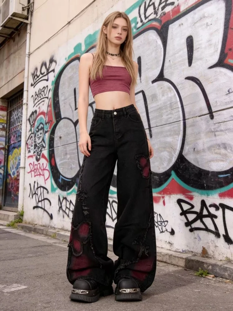 Women's Baggy Butterfly Jeans Vintage 90s Aesthetic Cowboy Pants Harajuku Oversize Denim Trousers Y2k 2000s Black Gothic Clothes