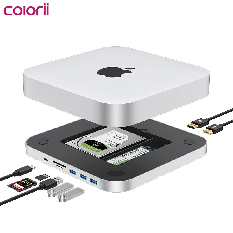 Colorii USB C Hub with Hard Drive Enclosure Type-C Docking Station for Mac mini with 2.5 SATA NVME M.2 SSD Case DP USB3.0 M1/M2