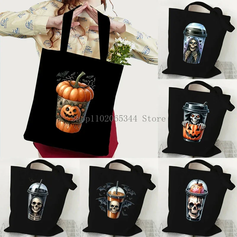 Halloween Tote Bag Pumpkin Skull Bat Bobo Tea Print Women Men Shoulder Bag Gothic Style Festival Teen Gift Women Fashion Handbag