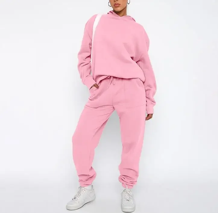 

Two Piece Set Women Outfit Autumn Fashion Solid Casual Long Sleeve Hooded Sweatshirt & High Waist Pocket Design Pants Set