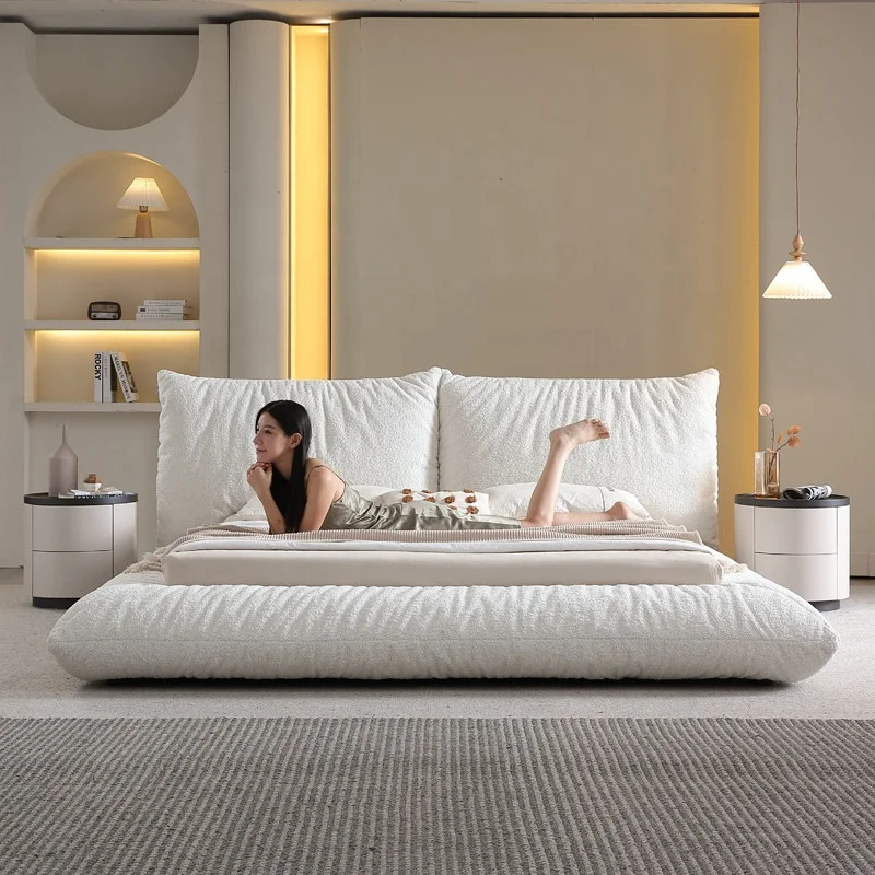 #Bread Shape Microfiber Fabrics Bed, Modern Simple Quiet Cream Style Upholstered Bed For Master Bedroom