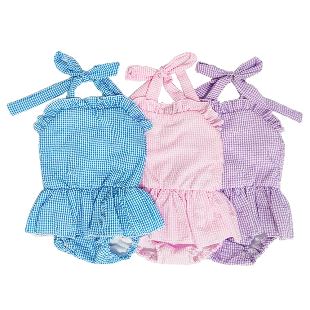 Ruffles estate 100% cotone vestiti per bambini costume da bagno per bambini Seersucker Infant Kids One Piece Bikini Beachwear Ruffle Girls Swimwear