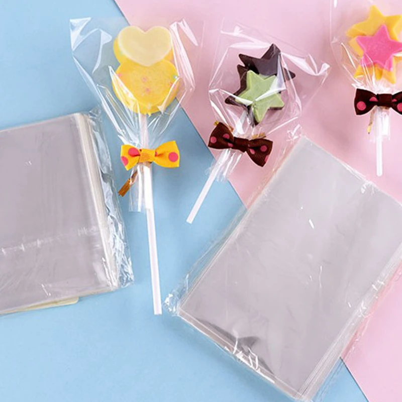 100pcs/pack Clear Flat Open Top Candy Bags Cookie Packaging Bag Wedding Party Sweets Lollipop OPP Plastic Bag Small Gift Pouch