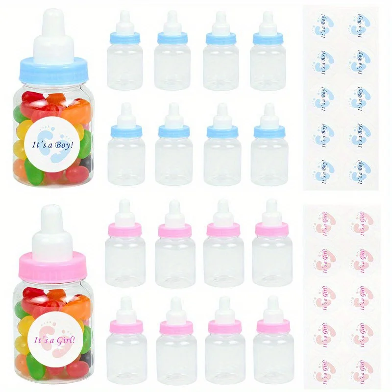 Mini botella alimentadora de plástico rosa y azul, caja de dulces, pegatina autoadhesiva redonda, revelación de género, recuerdos de fiesta para Baby Shower, decoraciones de regalo