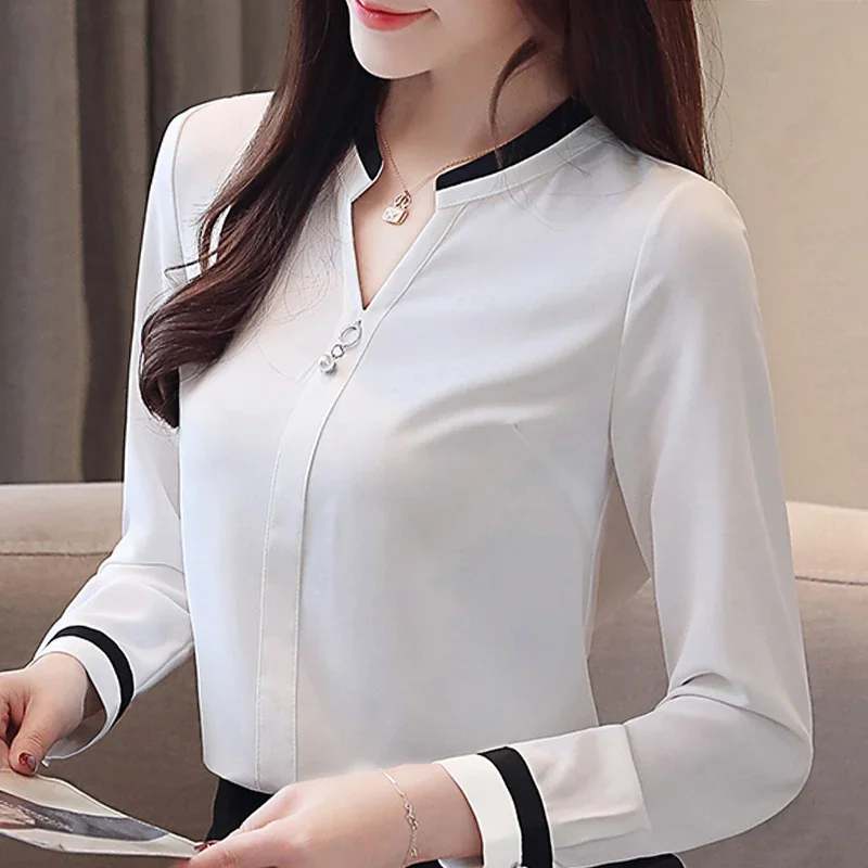 Fashion Long Sleeve White Blouse Women Blusas Mujer De Moda 2024 V-Neck Office Lady Blouse Shirt Women Tops Blouses Shirts A893