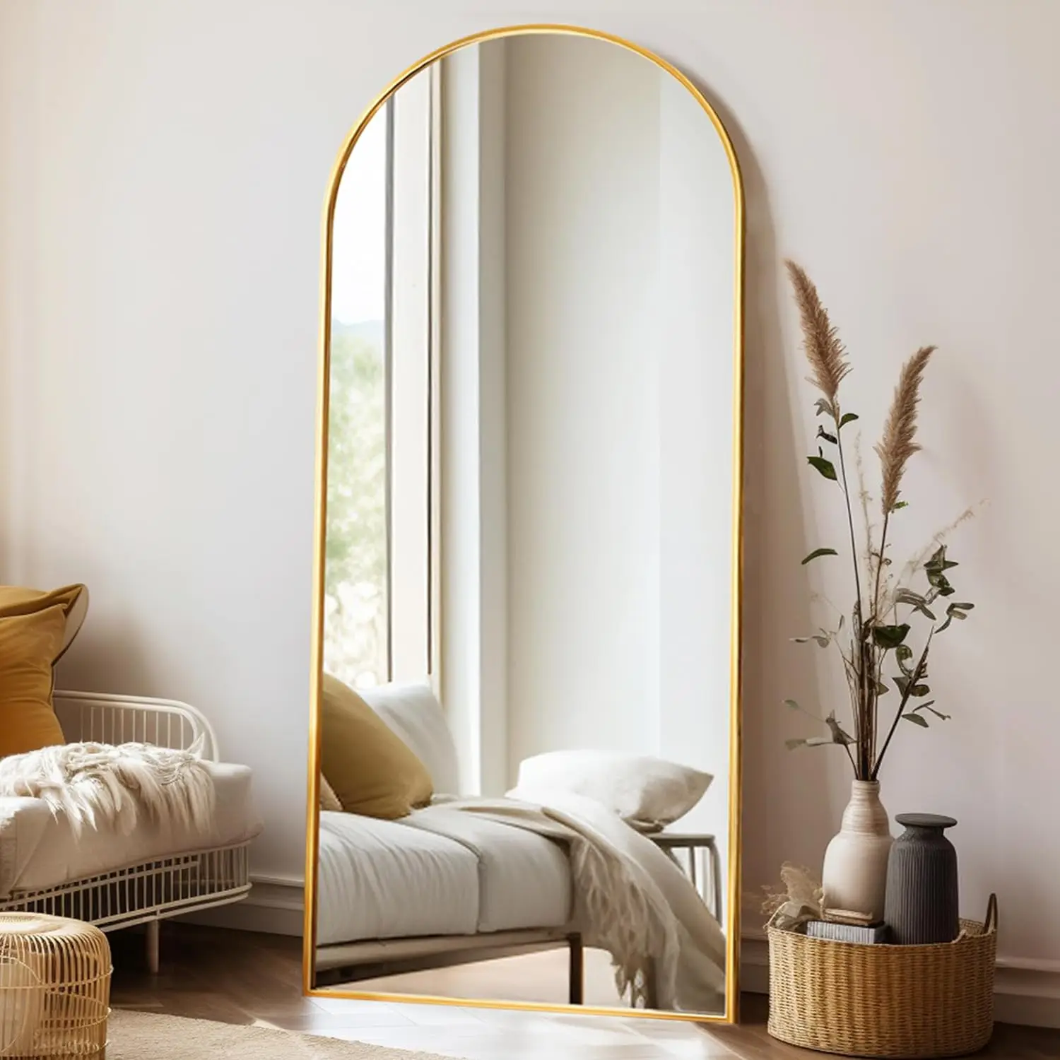 71"x30" Full Length Gold Arched Mirror Floor Standing Bedroom Wall Mounted Lightweight Easy Installation Bright Reflection