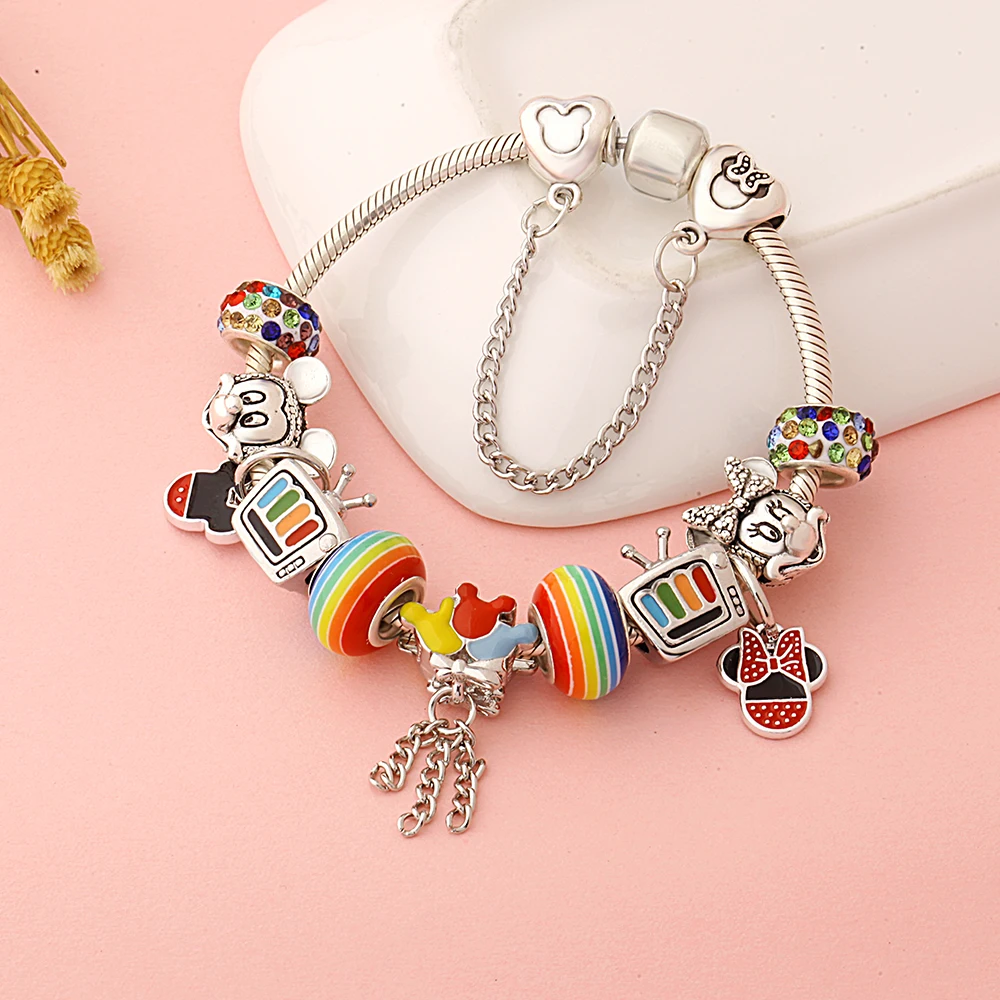 Colorful Rainbow Enamel Crystal Cartoon Animal Charm Bracelet Trendy Mickey Minnie DIY Bead Jewelry Gift for Women