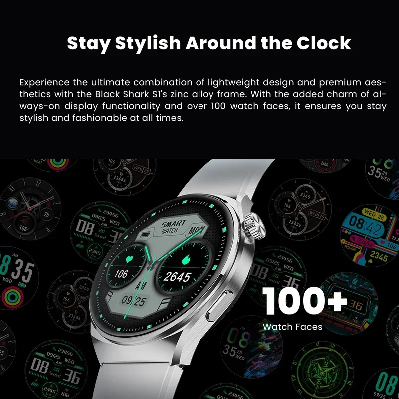 Black Shark S1 Smartwatch Wersja globalna 1,43-calowy ekran AMOLED Monitorowanie stanu zdrowia Zegarek fitness 10-dniowy czas pracy baterii Bezprzewodowy Char