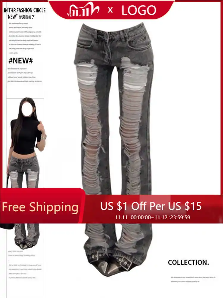 

Women's Grey Ripped Skinny Jeans Harajuku Vintage Y2k Denim Trousers Japanese 2000s Style Emo Oversize Jeans Long Pants Clothes