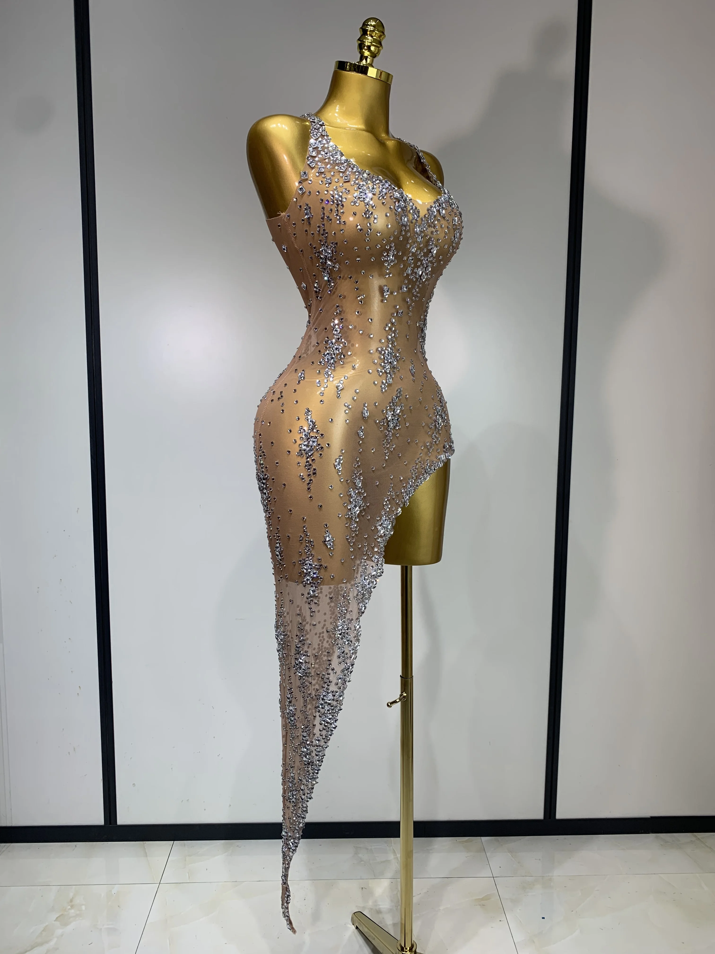2025 Sparkly Rhinestone V Neck Stretch Mesh Sexy See Through Dress Women  Elegant Party Celebrate Perform Costume Stage Outfit - AliExpress 200000345