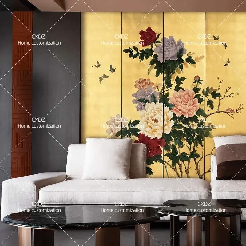 Modern Minimalist Folding Mobile Room Divider Gold Foil Peony Screen Partition for Living Room Entrance Office Home