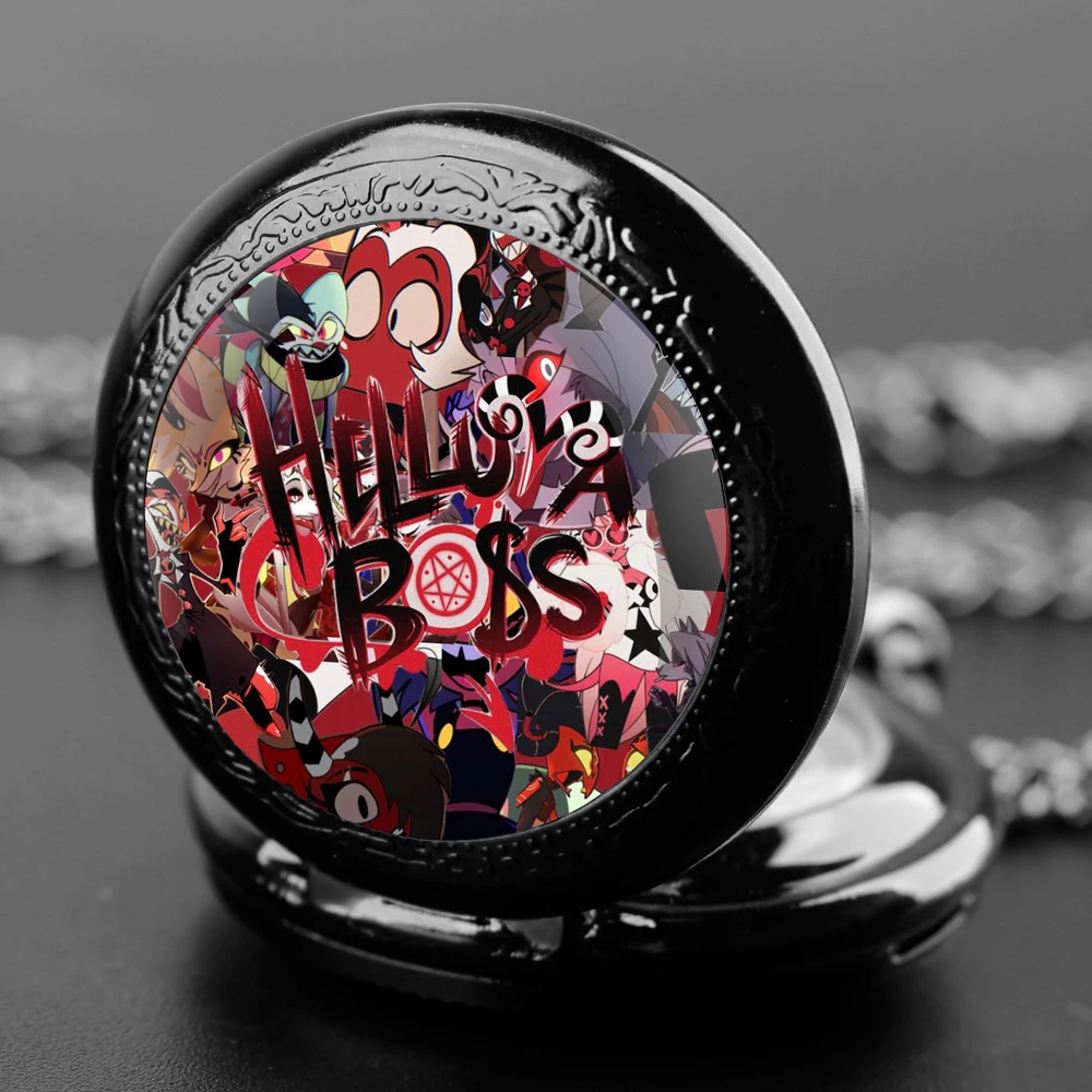 Hot Cartoon Helluva Boss Glass Dome Pocket Watch with Chain Necklace Vintage Quartz Pendant Watches Mens Women Gifts for Kids