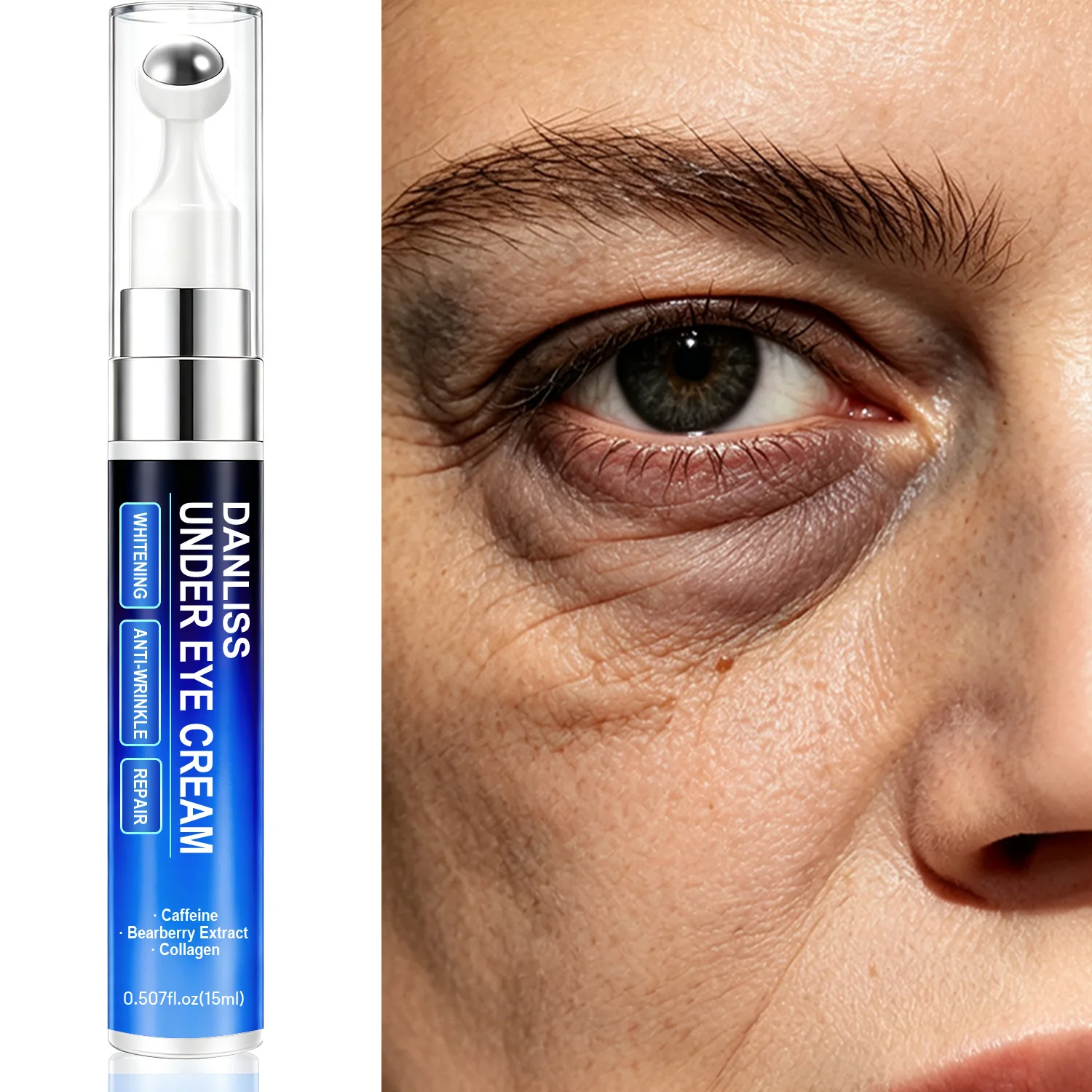 360° Rotating Eye Cream Massager Set - Anti-Aging Skincare with Caffeine & Collagen, Firming Roller for Wrinkle Reduction.