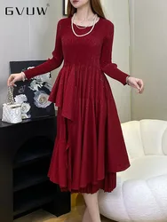 GVUW Pleated Spliced Ruffles Dress Women A Line Round Collar Full Sleeve Elastic Waist Solid Color New 2024 Dresses 17G8456