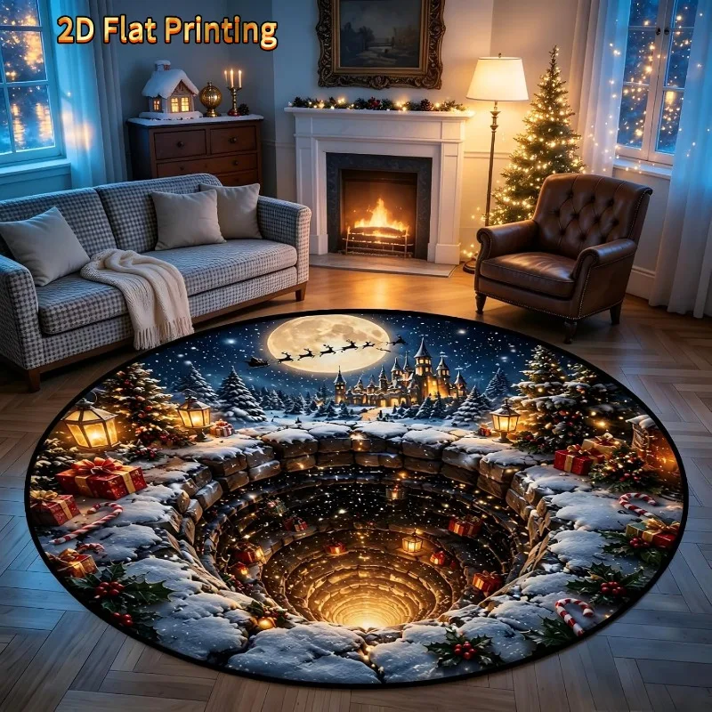 Round Area Rug Santa Claus Sleigh Reindeer Brick Well Night Sky Print for Living Room Decor