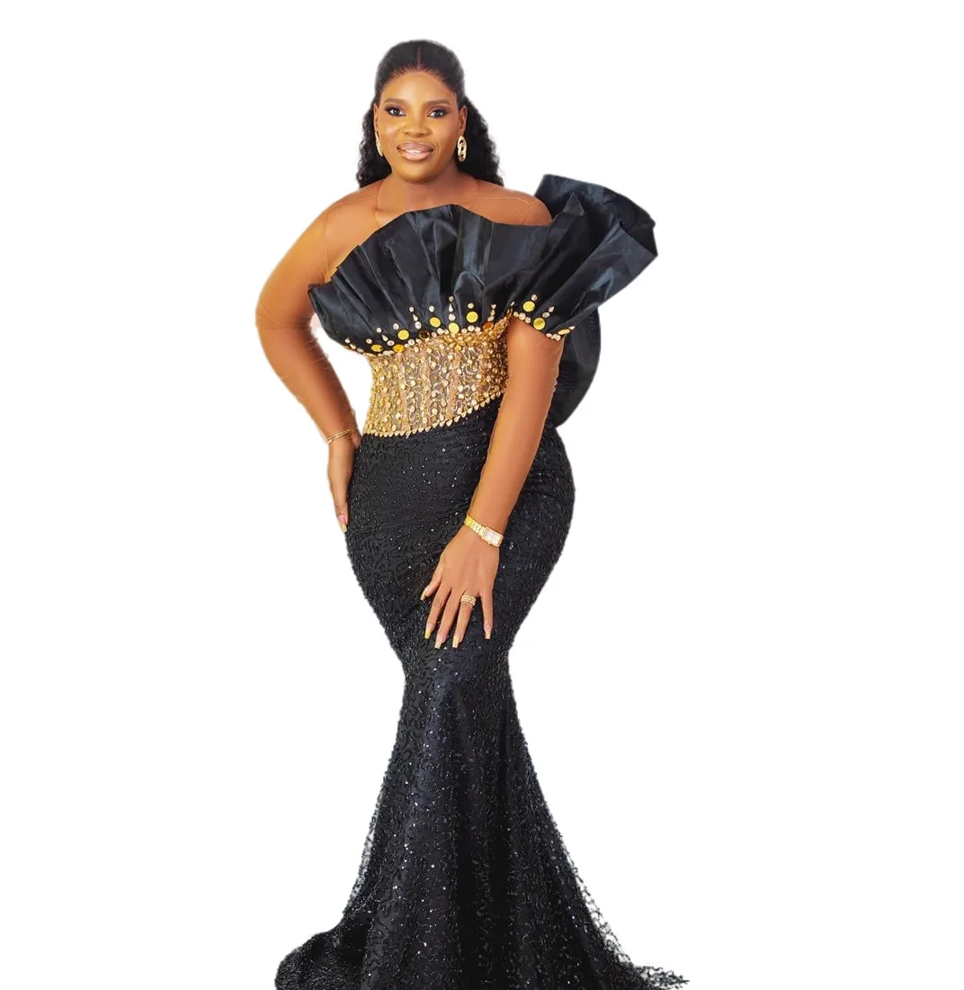 2024 Plus Size Mermaid Black Prom Dresses Crystals Beaded Evening Formal Party Second Engagement Birthday Gowns Dress ZJ94