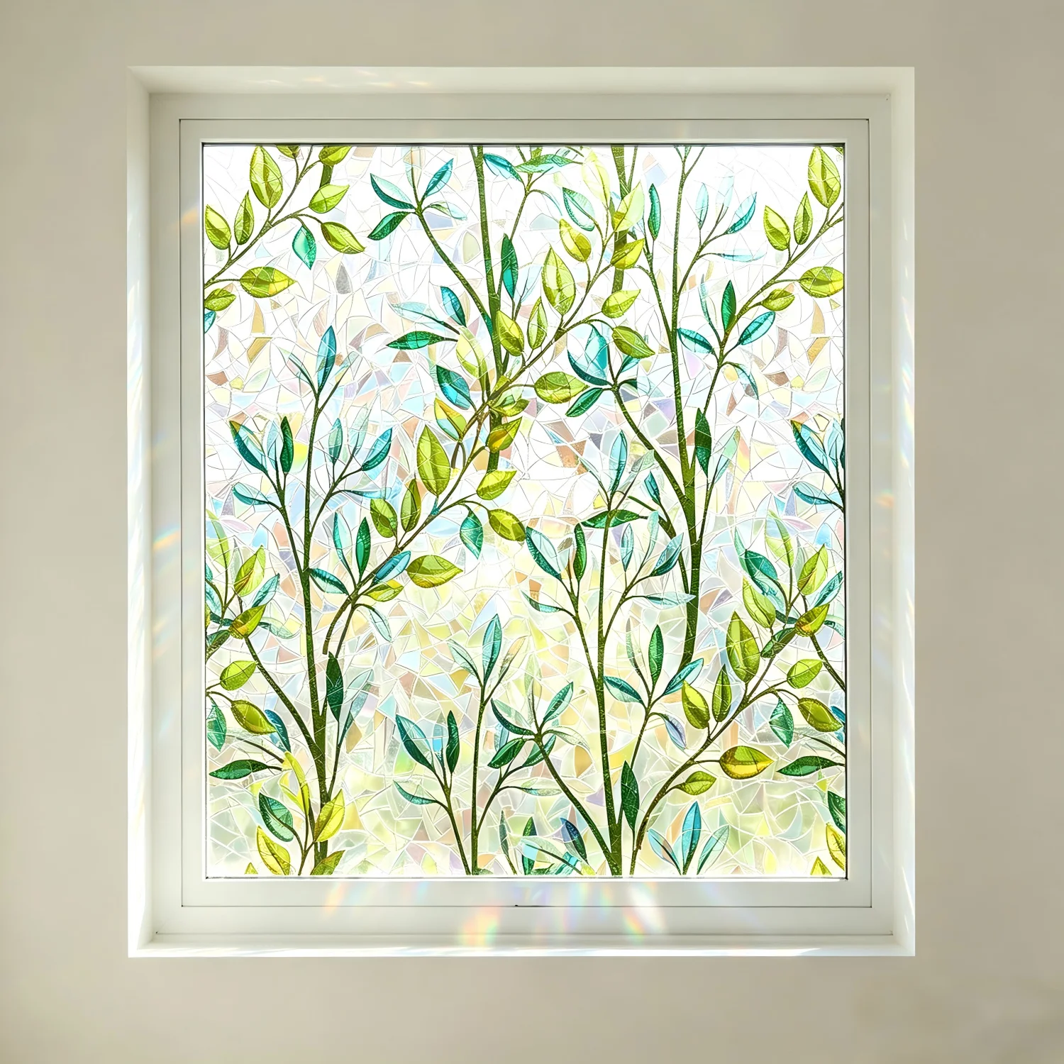 Green Floral Stained Glass Window Film Static Non-Adhesive 96% UV Block Privacy Covering Removable Glass Tint for Home Office