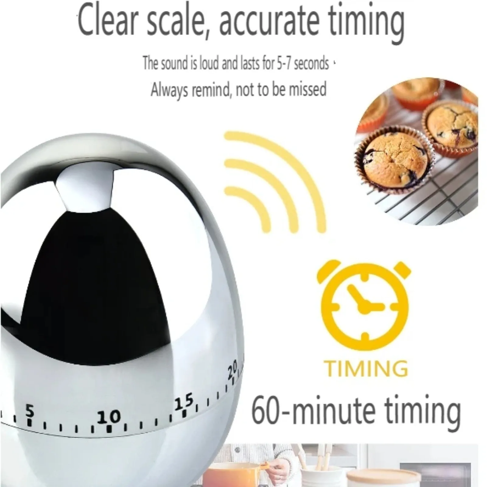 Egg Kitchen Timer Manual Stainless Steel Metal Mechanical Visual Countdown Cooking with Loud Alarm for Kids Cook Tools