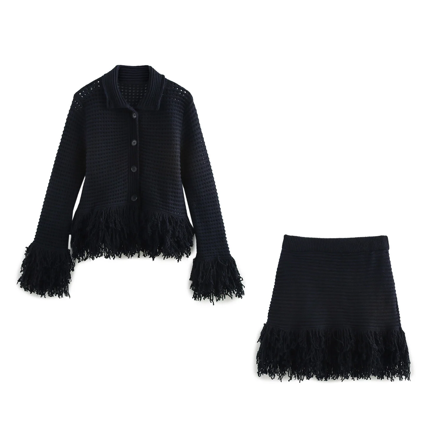 

Spring New Women's Clothing Temperament Plaid Lapel Long Sleeved Knitted Jacket Tassel Decoration Plaid Knitted Skirt