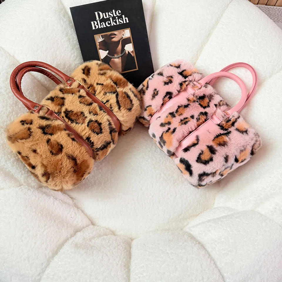 

Rex Rabbit Fur Women's Bag Shoulder Bag Plush Large Capacity Simple Female Crossbody Bag Leopard Print Tote Bag Women Female