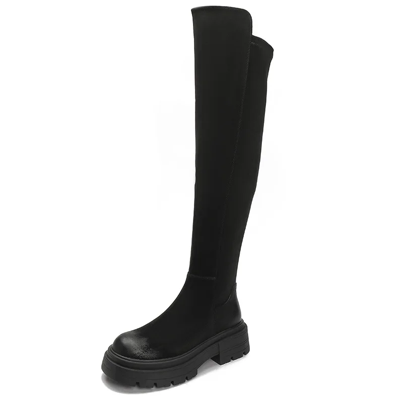 Women Flats Shoes Platform Pleated Chelsea Over The Knee Boots 2025 Winter Trend New Gladiator Suede Boots Goth High Sock Botas