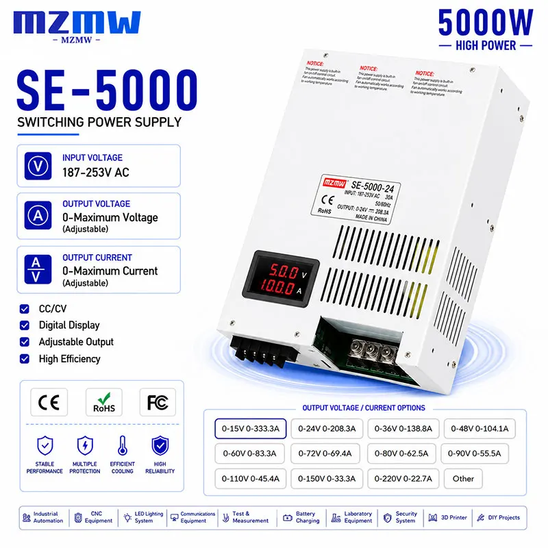 MZMW 5000W Digital Display Adjustable Switching Power Supply AC DC CC CV 110V 220V 380V Input 24V 48V 36V 150V Industrial SMPS