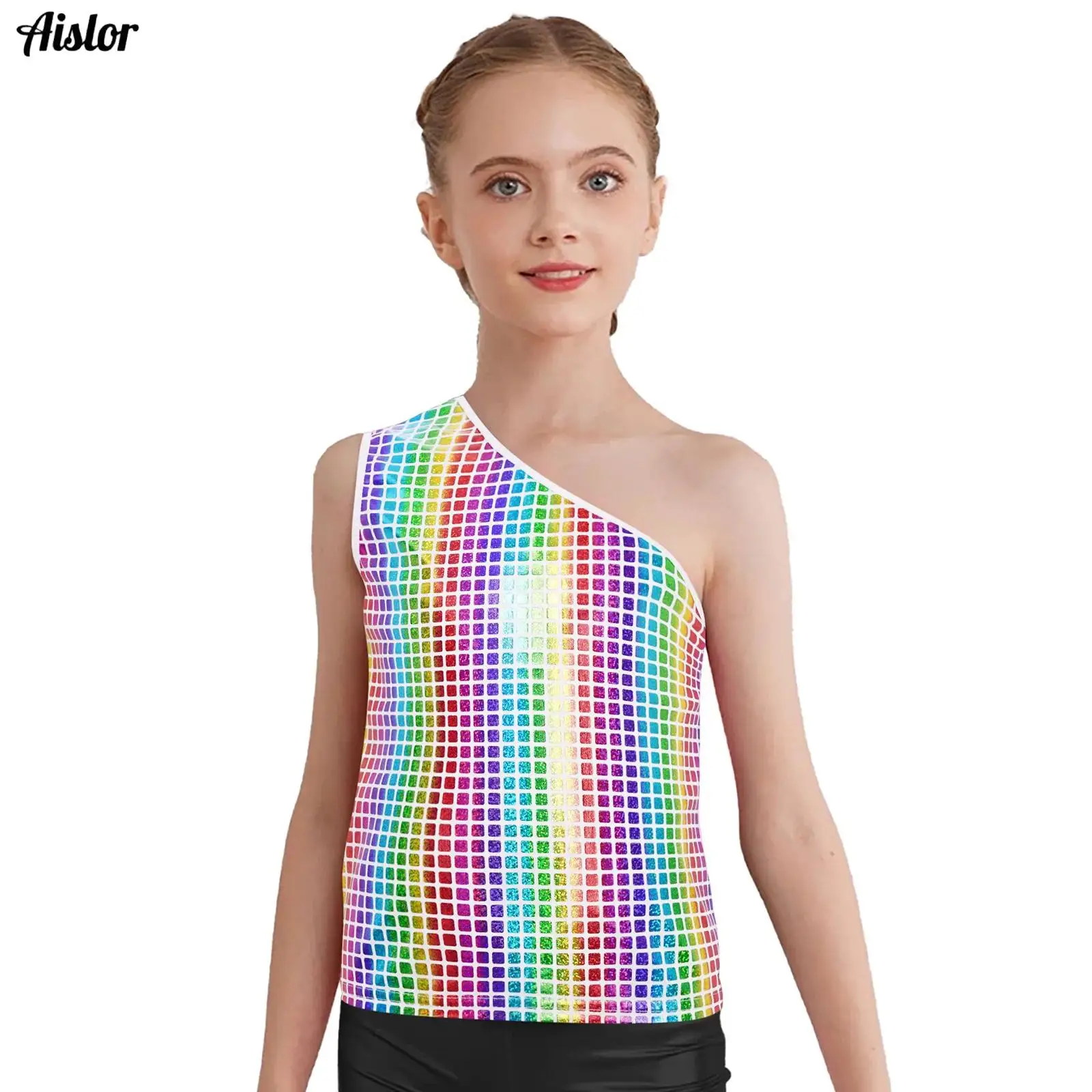 

Kids Girls Cheerleading Jazz Dance Top Metallic Vest Asymmetrical One Shoulder Sleeveless Tank Top for Stage Performance Costume