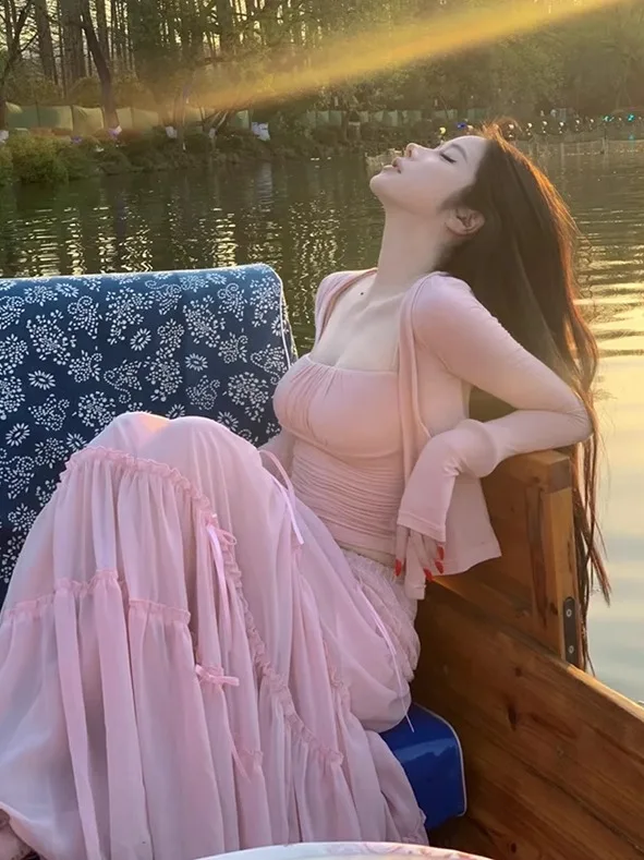 

Keni plus Size Pure Desire Pink Open Cardigan Strap Women Summer Knot Half Skirt Elegant Set Korean Style A-Line Dress