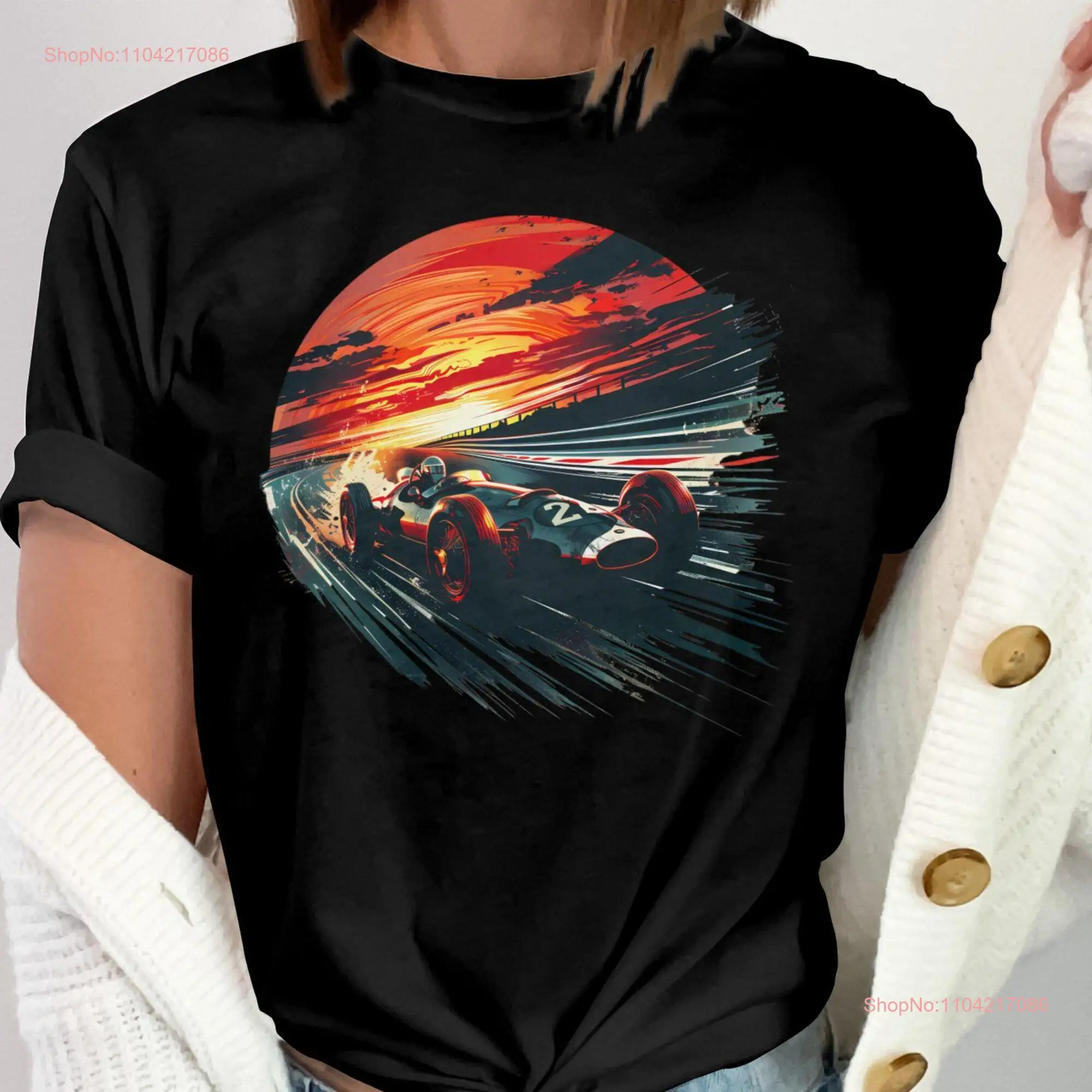 Retro Racing Car Art T Shirt Vibrant Sunset Speedster Vintage Motorsport Top Enthusiast SweaT  long or short sleeves