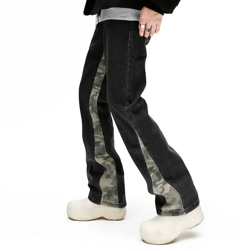 2023 Cool Design Camouflage Patchwork Straight Men Jeans Pants Y2K Clothes Hip Hop Washed Black Casual Long Trousers
