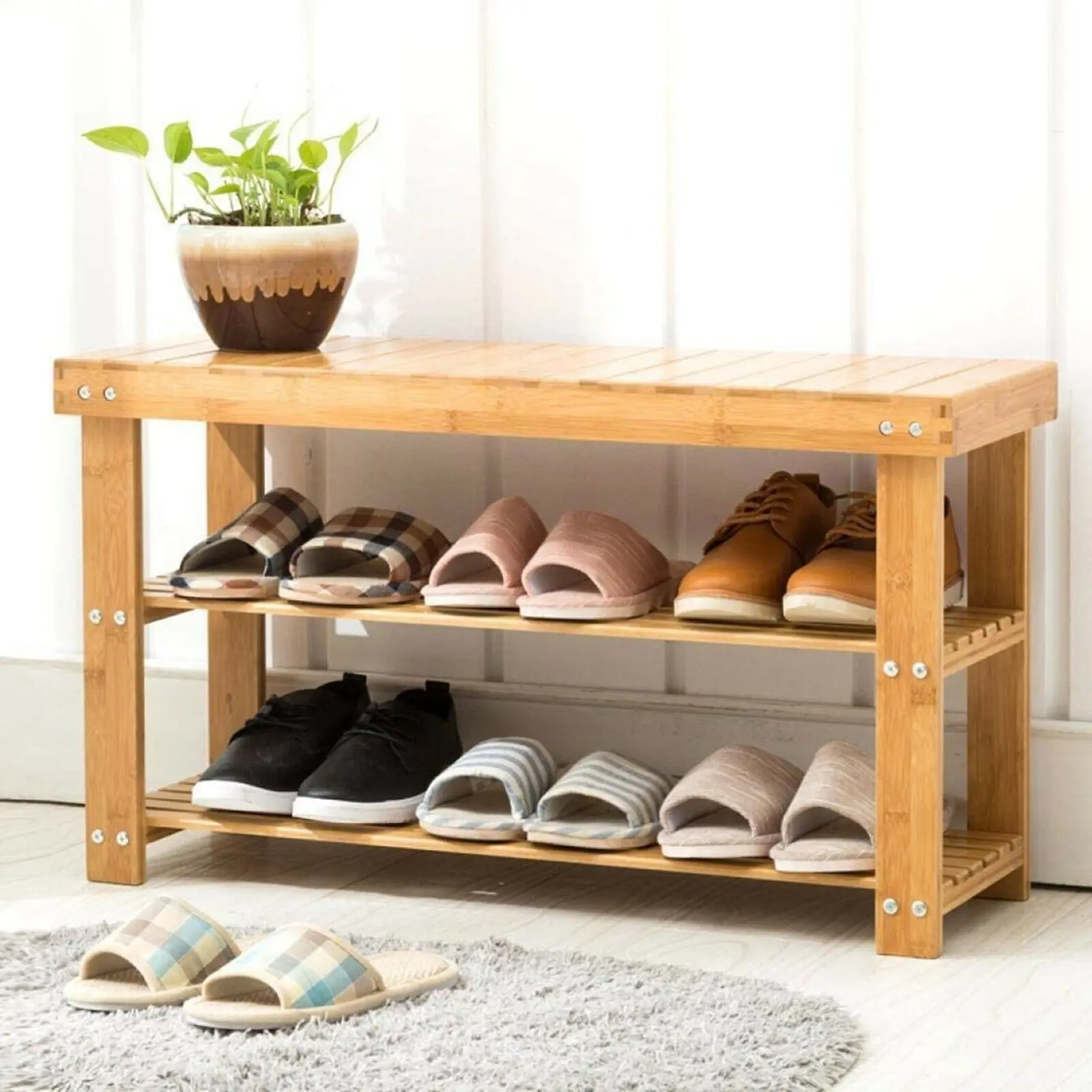 3 Tier Bamboo Shoe Storage Rack Wood Bench Seat Entryway Shelf Organizer