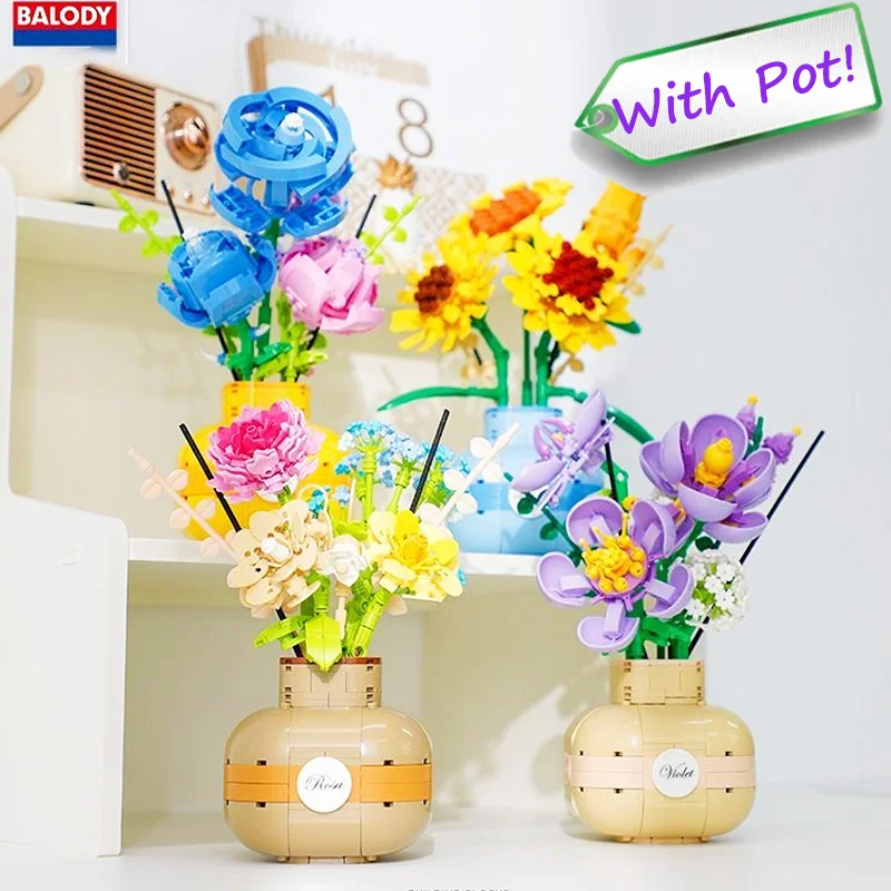 

New Flower Bouquet with Vase Compatible Building Blocks Sunflowers Adult Assembled Flower Pots New Year Room New year Decoration