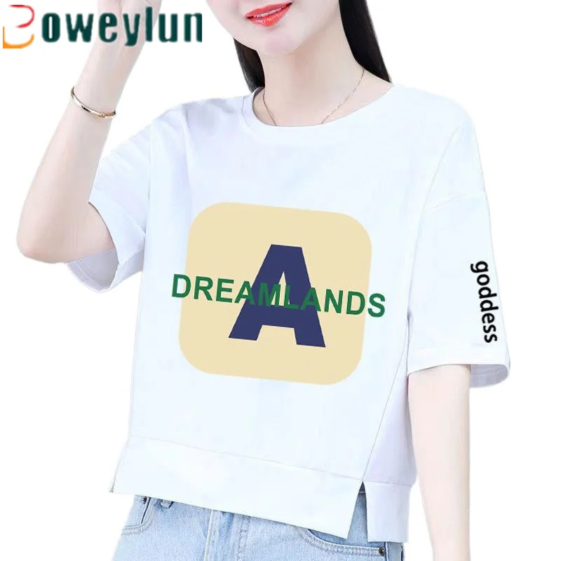 

Boweylun 100% Cotton Five-minute Sleeve T-shirt Female Summer Soft Breathable Letters Printed Slit Middle Sleeve Tops Women