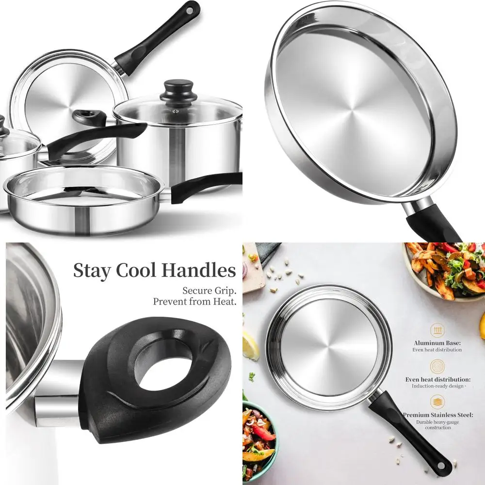 

6-Piece Stainless Steel Cookware Set: Fry Pan, Saucepan, Pots with Glass Lids, Cool Handles, Induction & Dishwasher Safe