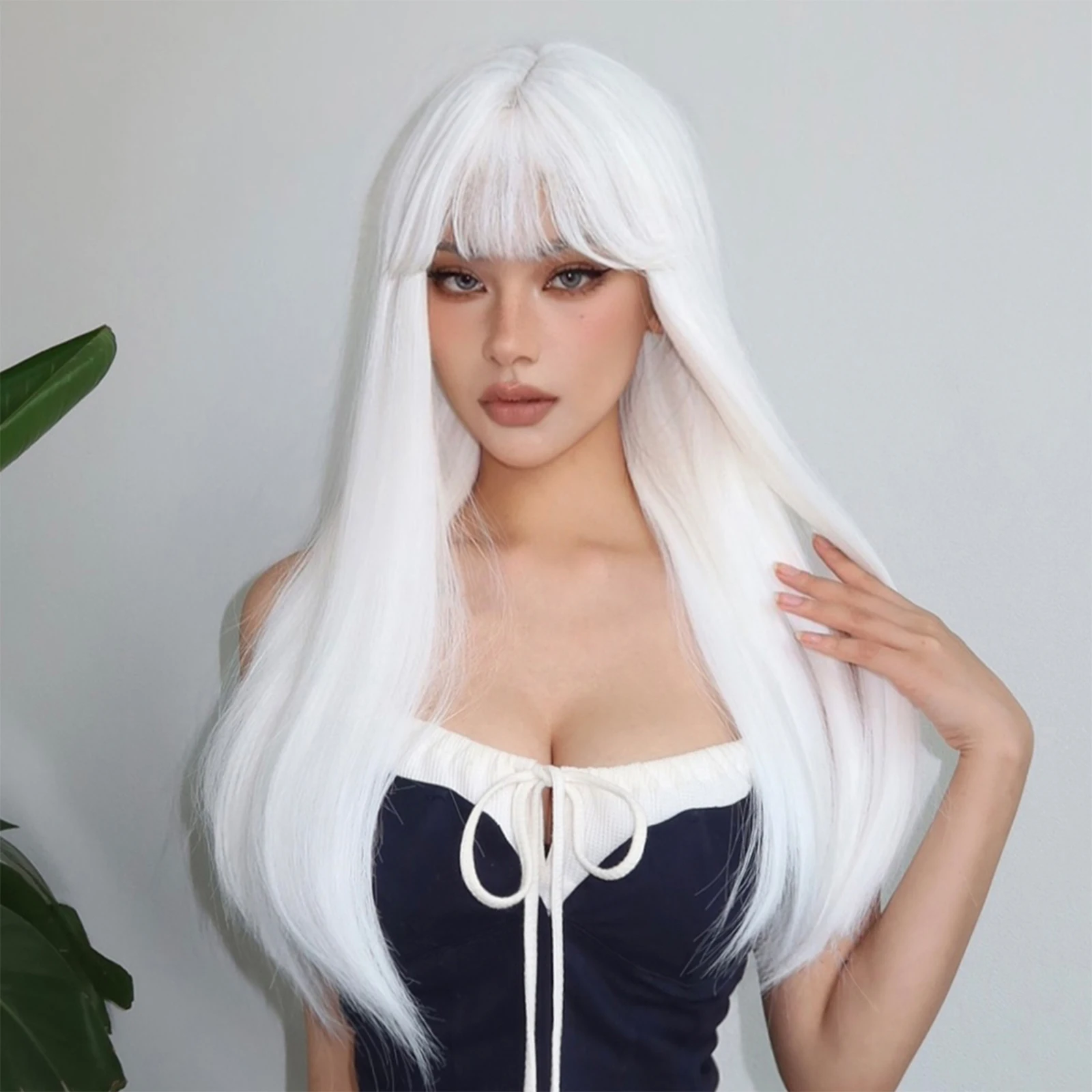 Synthetic White Cosplay Wig Long Straight Blonde Wigs with Bangs Party Lolita Hair Wig for Women Heat Resistant Halloween Hair