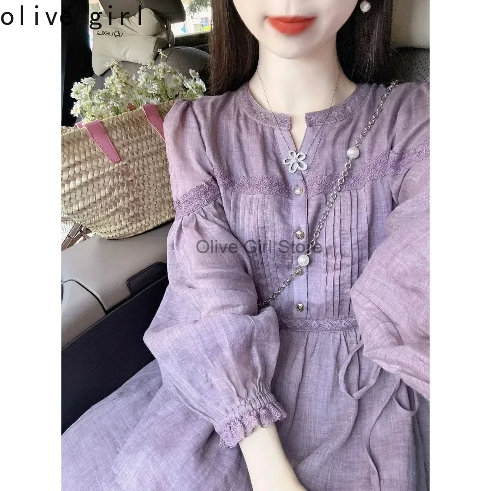 

Purple Dress for Women Long Sleeved Spring Autumn Chinese Sexy Retro High-end Elegant Lace Temperament Round Neck Long Dresses