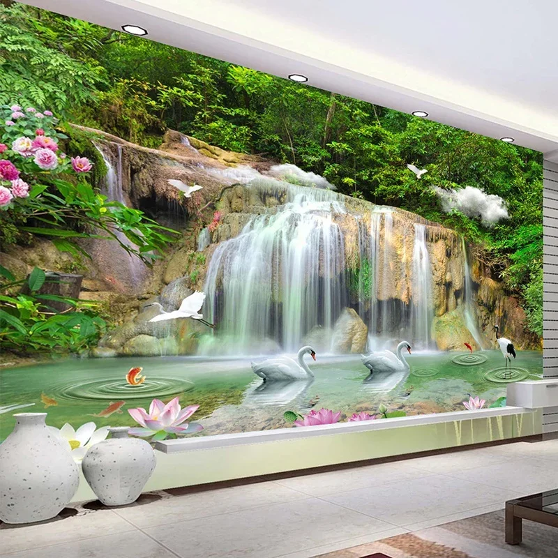 

Swan Lotus Waterfall Green Landscape Custom 3D Photo Wallpaper For Living Room Bedroom TV Background Mural Wallpapers Home Decor