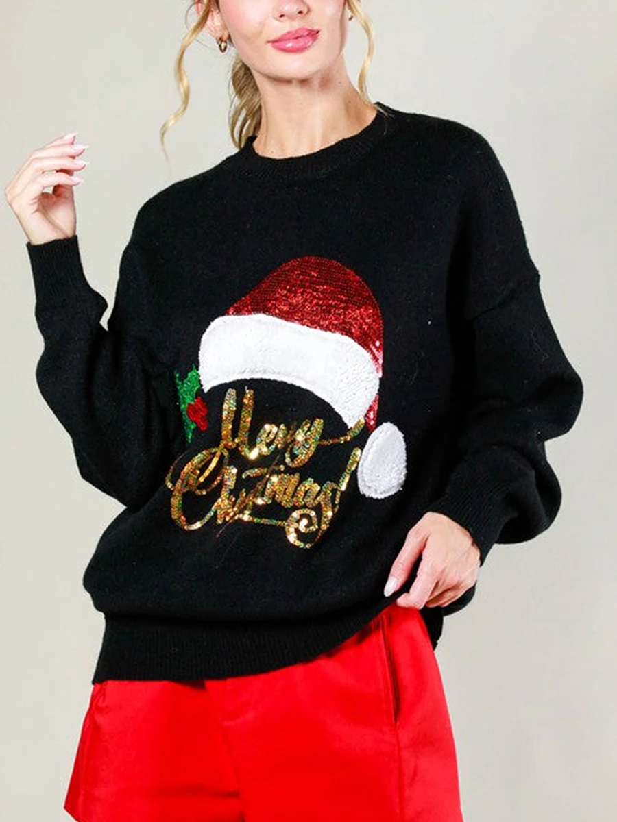 Women s Christmas Sweaters Sequin Santa Hat Pattern Long Sleeve Round Neck Loose Pullover Knit Tops